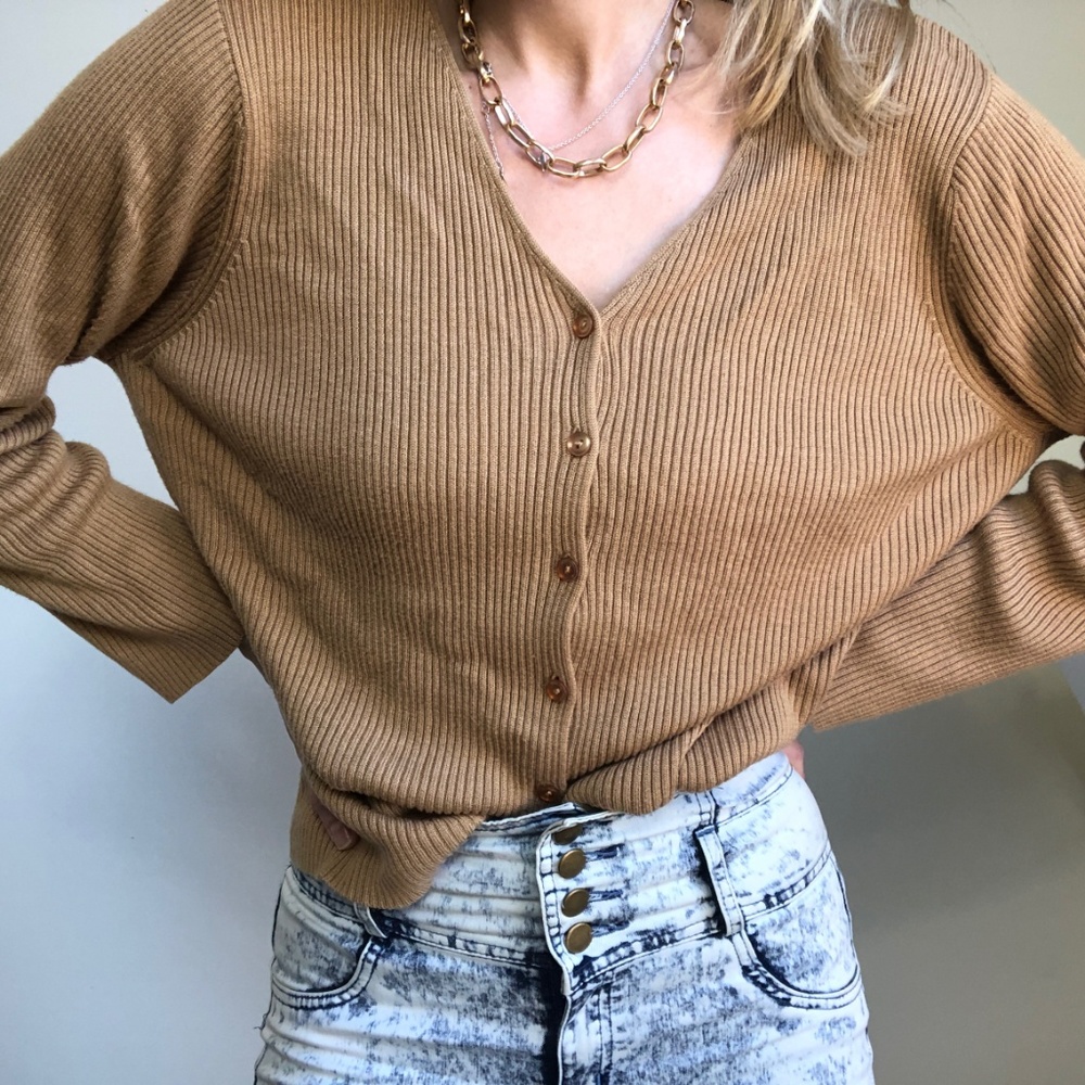 Vintage Mustard Ribbed Knit Button Cardigan